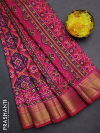 Semi tussar saree pink and purple with allover ikat prints and zari woven border