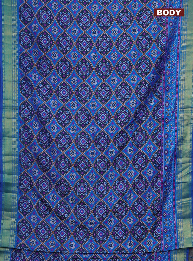 Semi tussar saree dual shade of bluish green and cs blue with allover ikat prints and zari woven border
