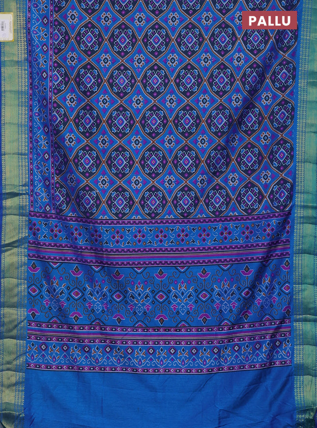 Semi tussar saree dual shade of bluish green and cs blue with allover ikat prints and zari woven border