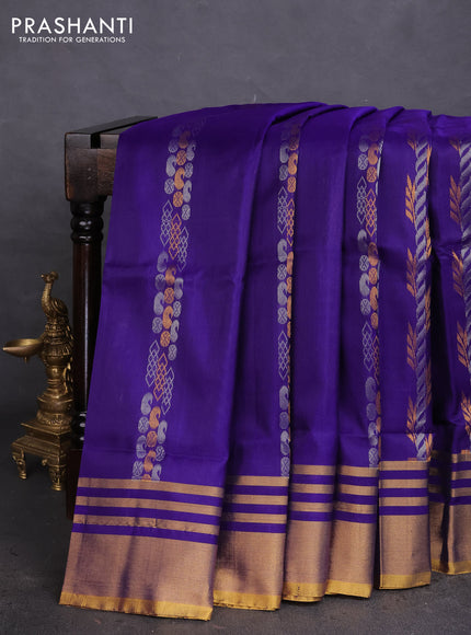 Pure uppada silk saree blue and yellow with allover silver & gold zari weaves and zari woven border