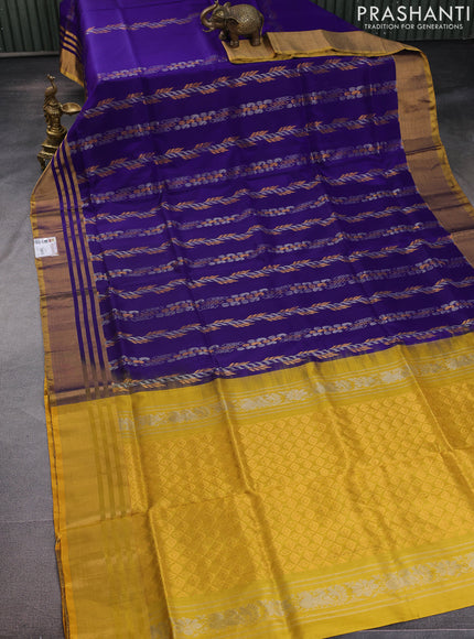 Pure uppada silk saree blue and yellow with allover silver & gold zari weaves and zari woven border