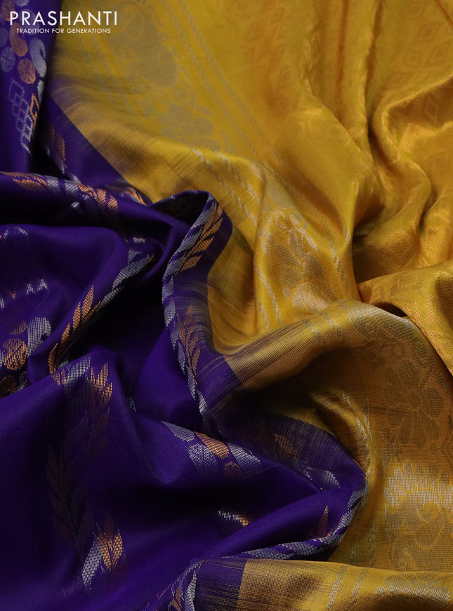 Pure uppada silk saree blue and yellow with allover silver & gold zari weaves and zari woven border
