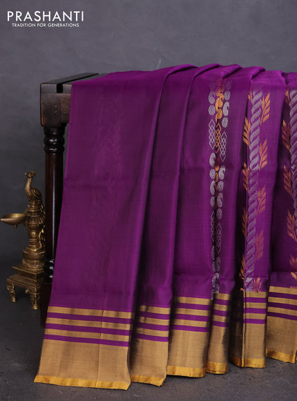 Pure uppada silk saree deep purple and mustard yellow with allover silver & gold zari weaves and zari woven border