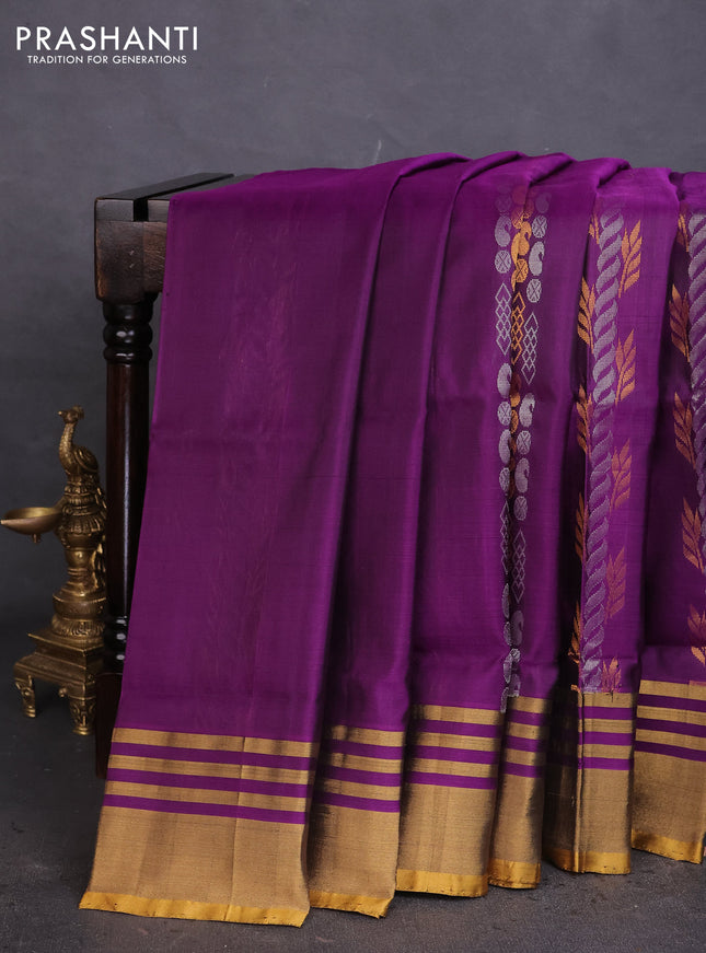 Pure uppada silk saree deep purple and mustard yellow with allover silver & gold zari weaves and zari woven border