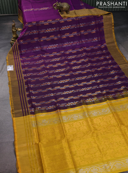 Pure uppada silk saree deep purple and mustard yellow with allover silver & gold zari weaves and zari woven border