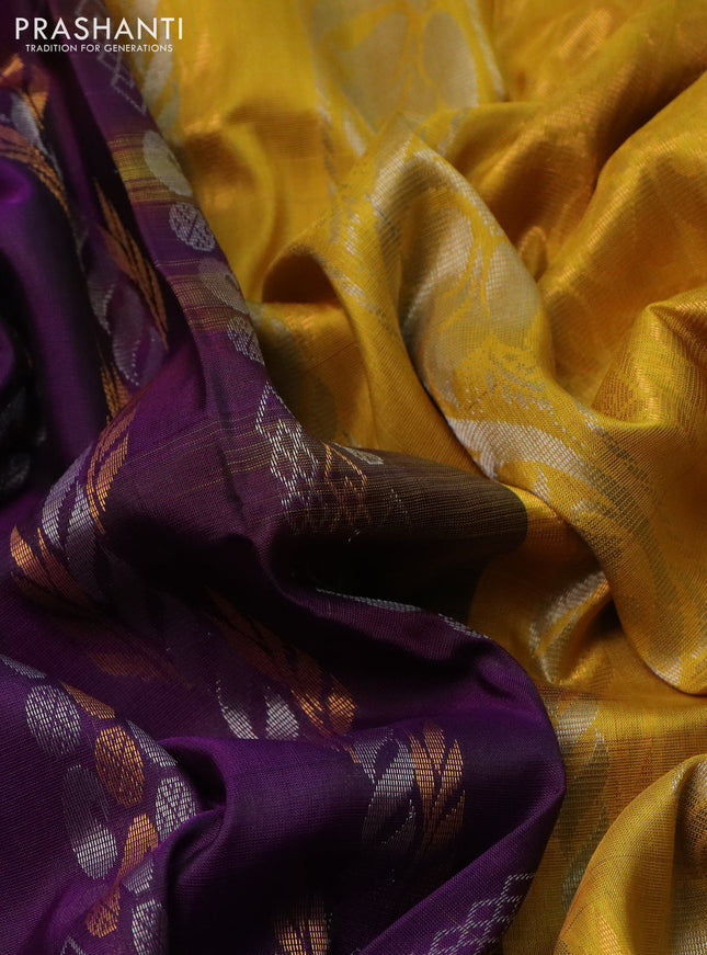 Pure uppada silk saree deep purple and mustard yellow with allover silver & gold zari weaves and zari woven border