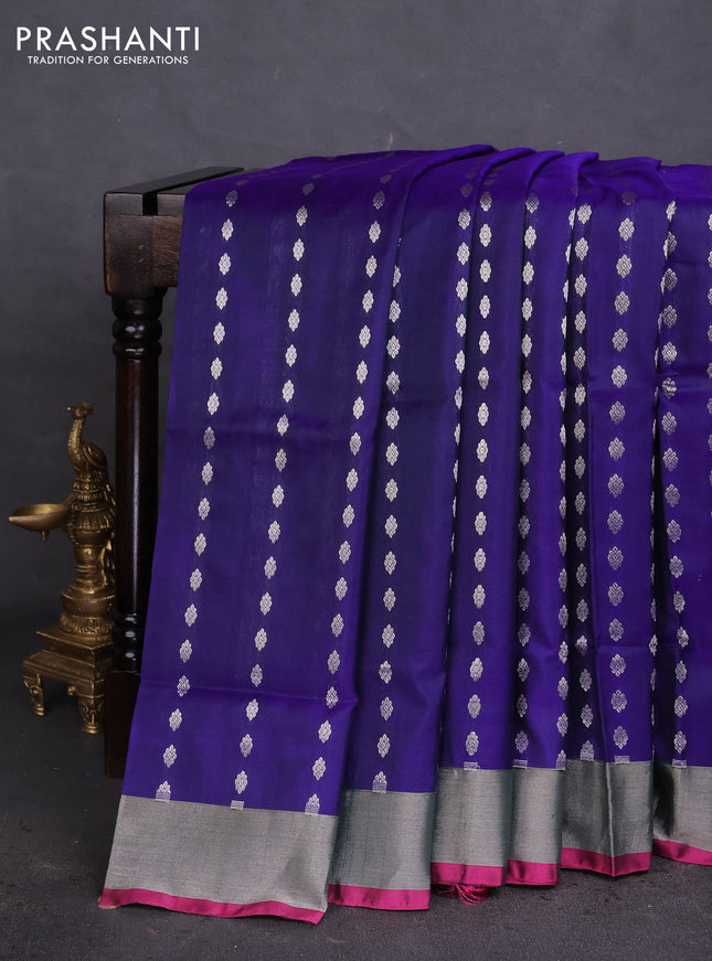 Pure uppada silk saree blue and pink with allover silver zari woven buttas and silver zari woven border