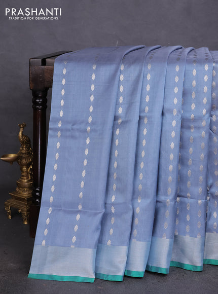 Pure uppada silk saree grey shade and green with allover silver zari woven buttas and silver zari woven border
