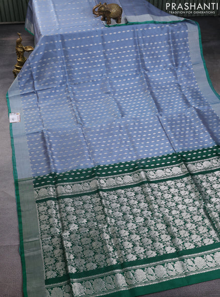 Pure uppada silk saree grey shade and green with allover silver zari woven buttas and silver zari woven border