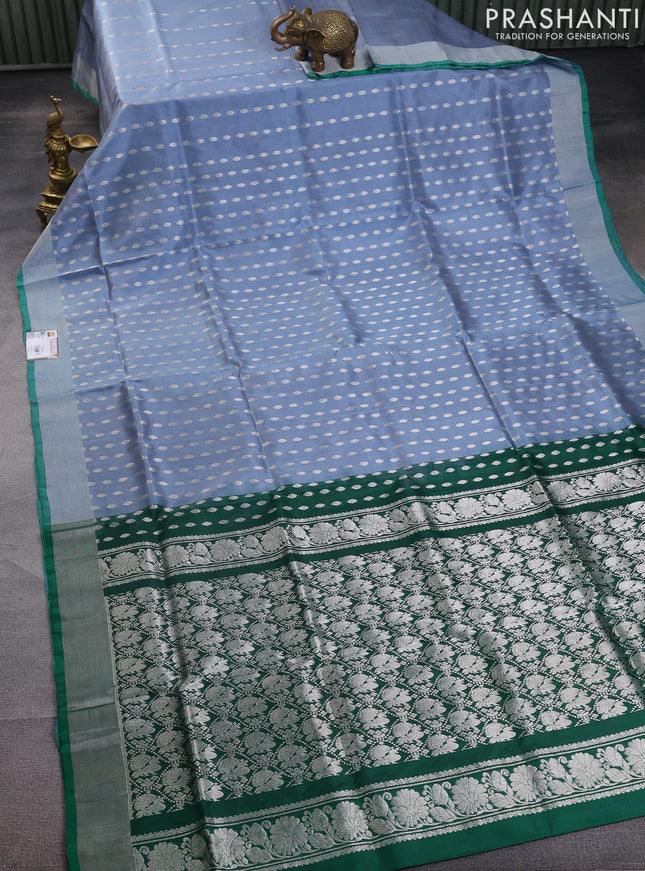 Pure uppada silk saree grey shade and green with allover silver zari woven buttas and silver zari woven border