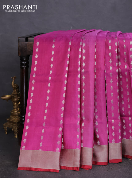Pure uppada silk saree magenta pink and maroon with allover silver zari woven buttas and silver zari woven border