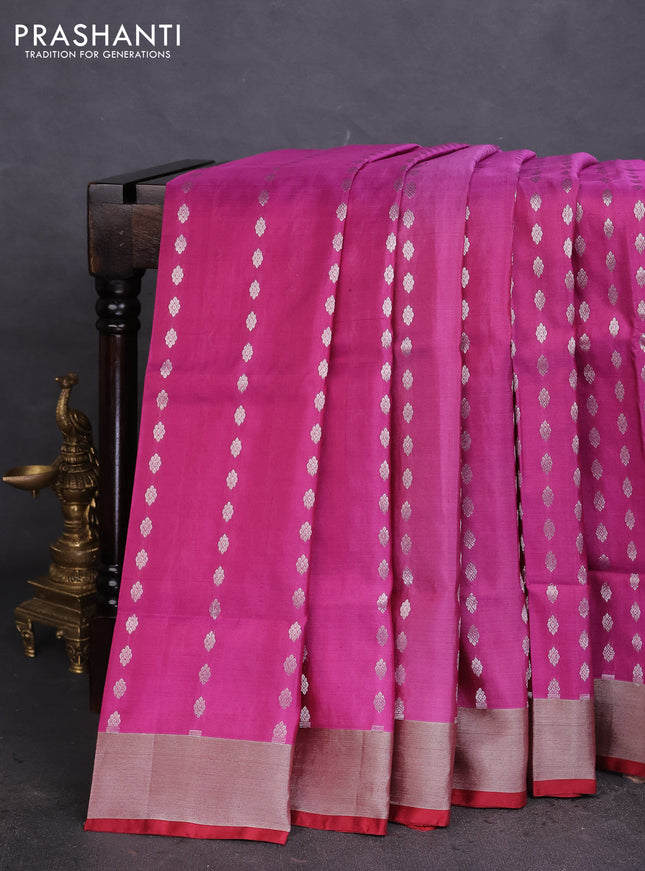 Pure uppada silk saree magenta pink and maroon with allover silver zari woven buttas and silver zari woven border