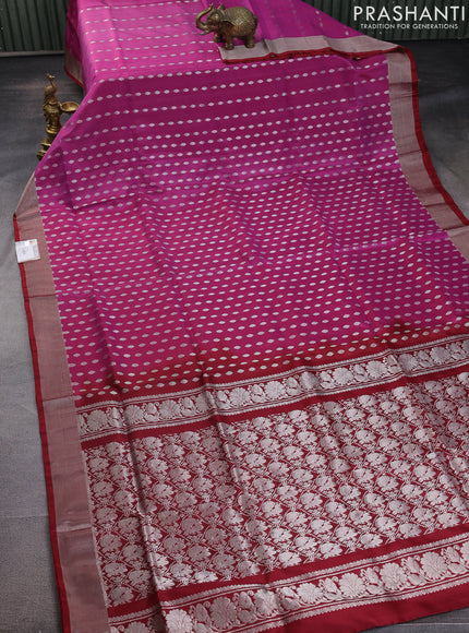 Pure uppada silk saree magenta pink and maroon with allover silver zari woven buttas and silver zari woven border