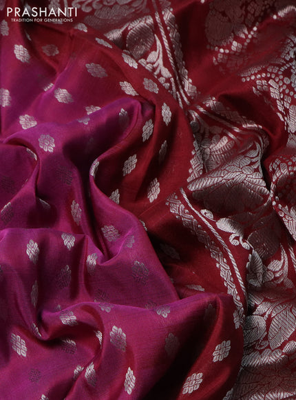 Pure uppada silk saree magenta pink and maroon with allover silver zari woven buttas and silver zari woven border