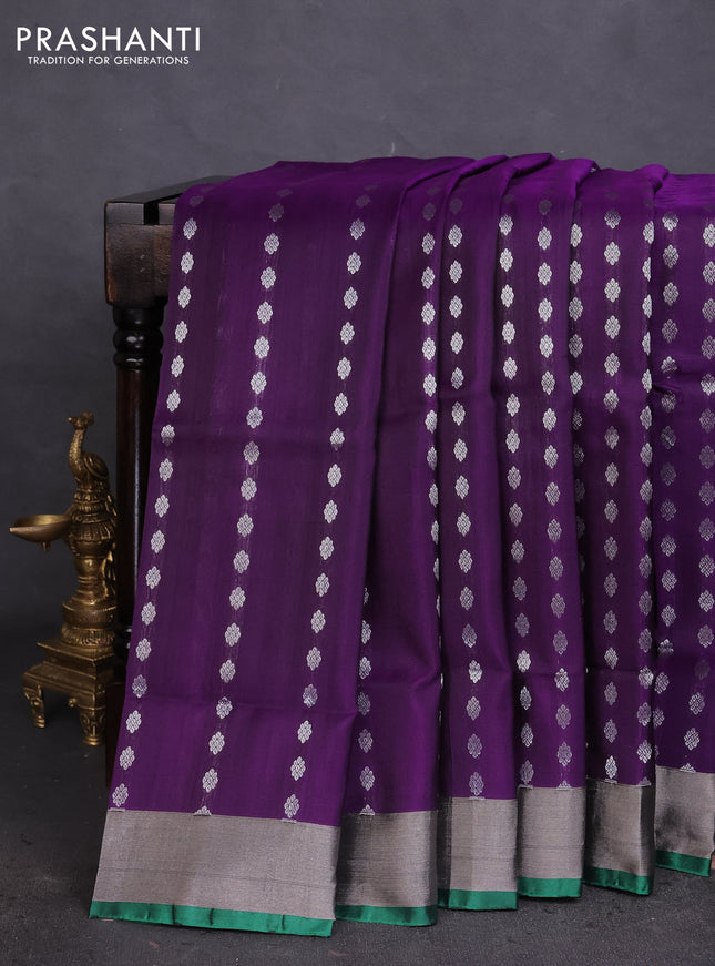 Pure uppada silk saree violet and green with allover silver zari woven buttas and silver zari woven border