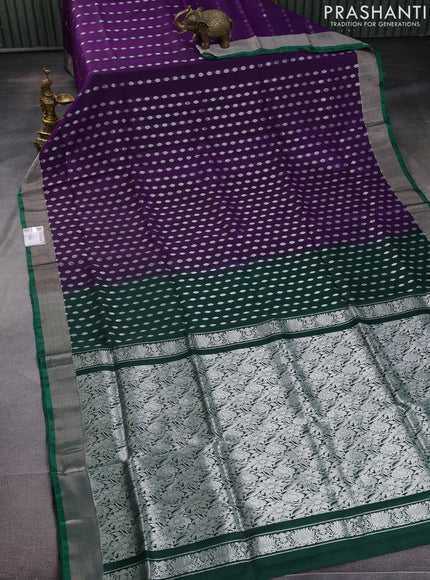 Pure uppada silk saree violet and green with allover silver zari woven buttas and silver zari woven border