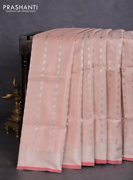 Pure uppada silk saree sandal and maroon with allover silver zari woven buttas and silver zari woven border