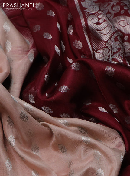 Pure uppada silk saree sandal and maroon with allover silver zari woven buttas and silver zari woven border