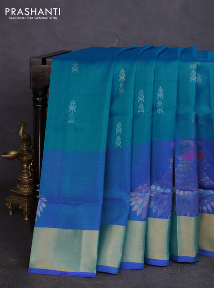 Pure uppada silk saree teal blue and blue with silver & gold zari woven buttas and peacock design zari woven border