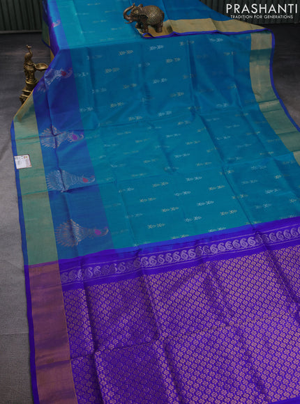 Pure uppada silk saree teal blue and blue with silver & gold zari woven buttas and peacock design zari woven border