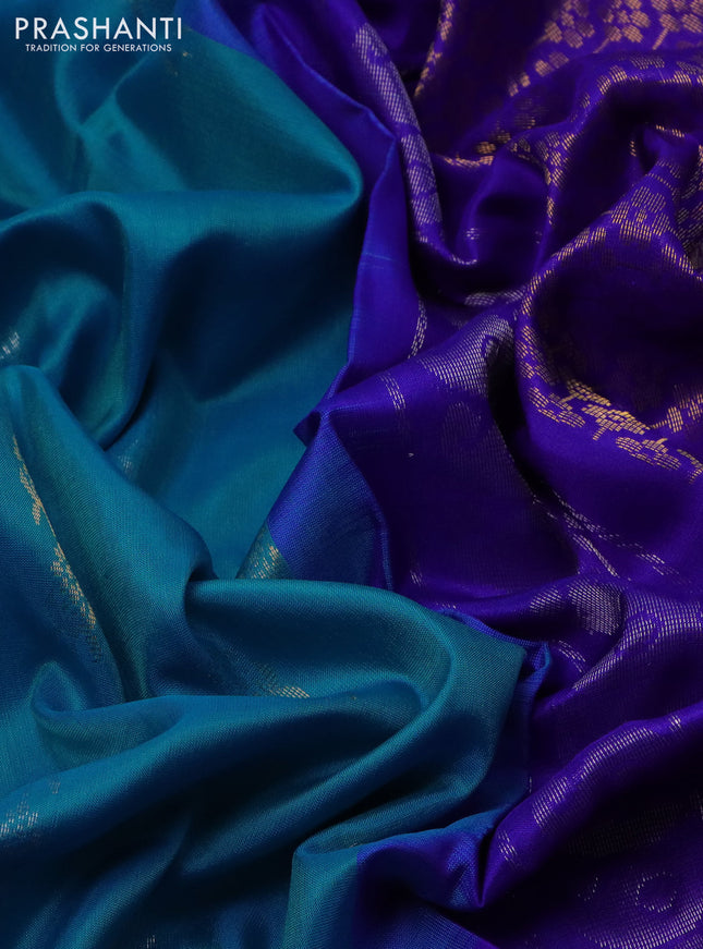 Pure uppada silk saree teal blue and blue with silver & gold zari woven buttas and peacock design zari woven border