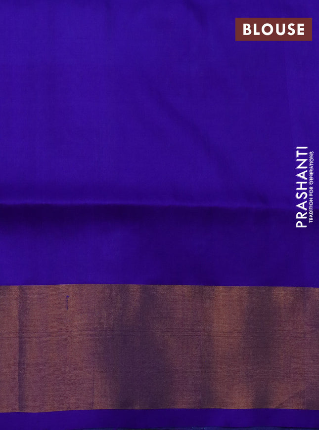 Pure uppada silk saree teal blue and blue with silver & gold zari woven buttas and peacock design zari woven border