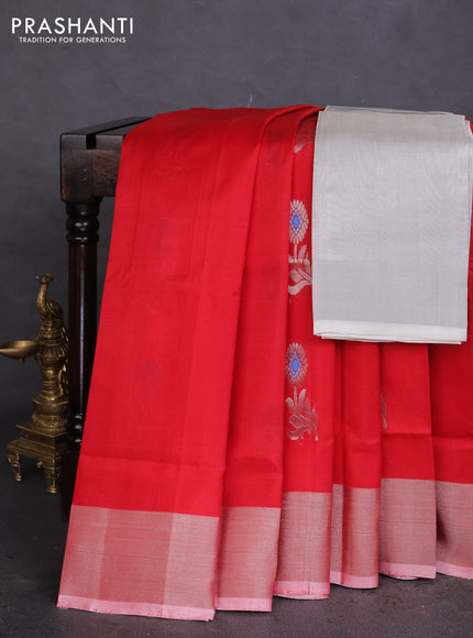 Pure uppada silk saree red with silver zari woven floral buttas and silver zari woven border