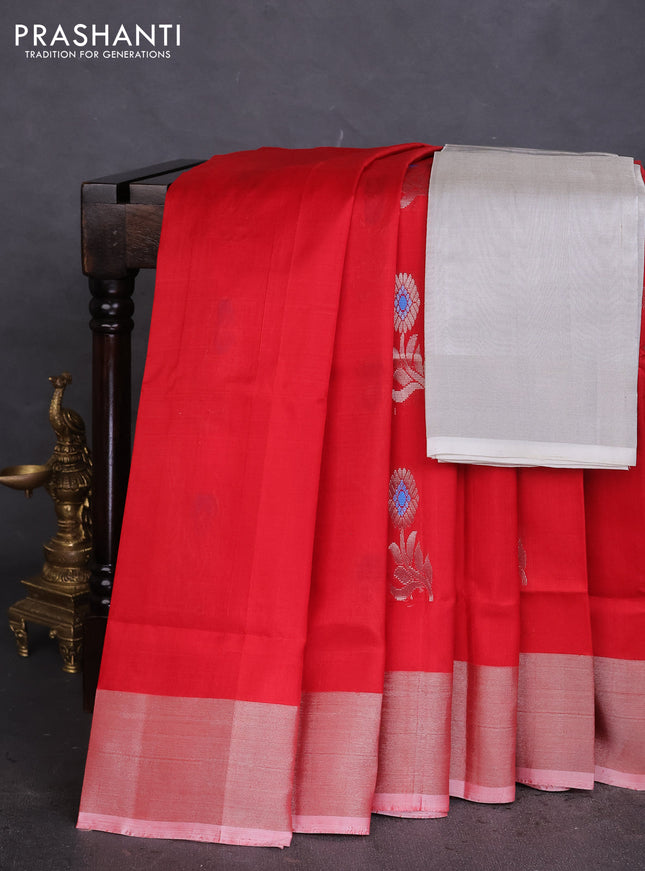 Pure uppada silk saree red with silver zari woven floral buttas and silver zari woven border