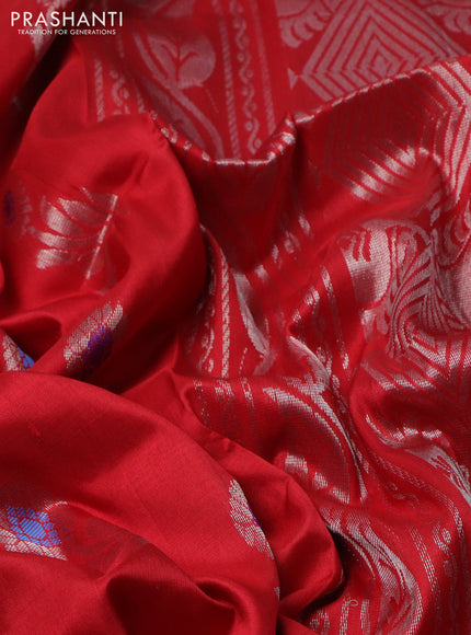 Pure uppada silk saree red with silver zari woven floral buttas and silver zari woven border