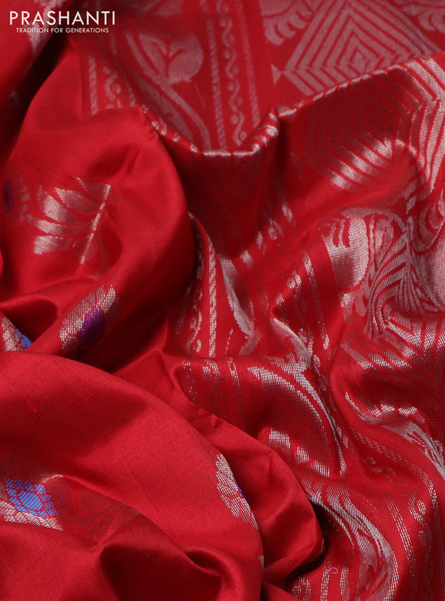 Pure uppada silk saree red with silver zari woven floral buttas and silver zari woven border
