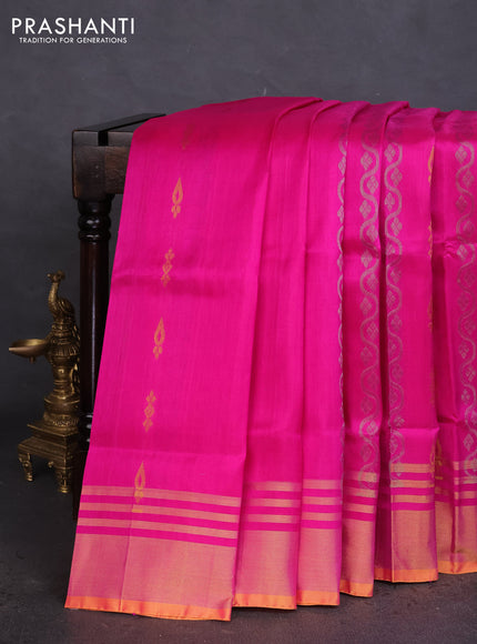 Pure uppada silk saree pink and mustard yellow with allover silver & gold zari weaves and zari woven border