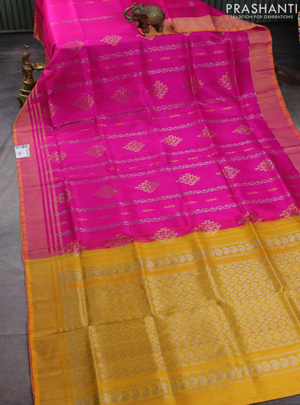 Pure uppada silk saree pink and mustard yellow with allover silver & gold zari weaves and zari woven border