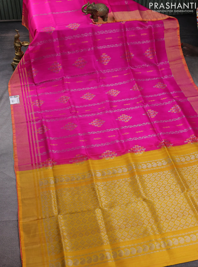 Pure uppada silk saree pink and mustard yellow with allover silver & gold zari weaves and zari woven border