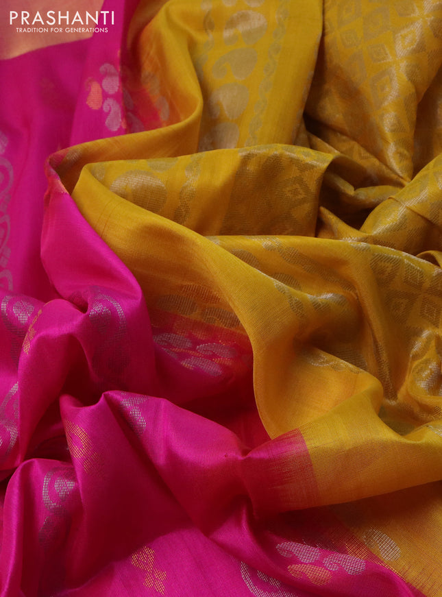Pure uppada silk saree pink and mustard yellow with allover silver & gold zari weaves and zari woven border