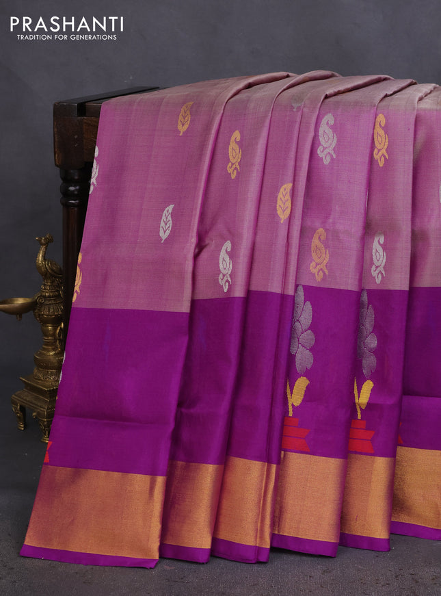 Pure uppada silk saree purple shade and deep purple with silver & gold zari woven buttas and peacock design zari woven border