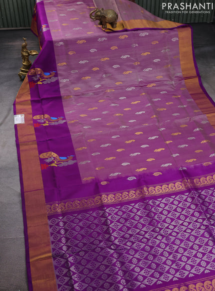 Pure uppada silk saree purple shade and deep purple with silver & gold zari woven buttas and peacock design zari woven border
