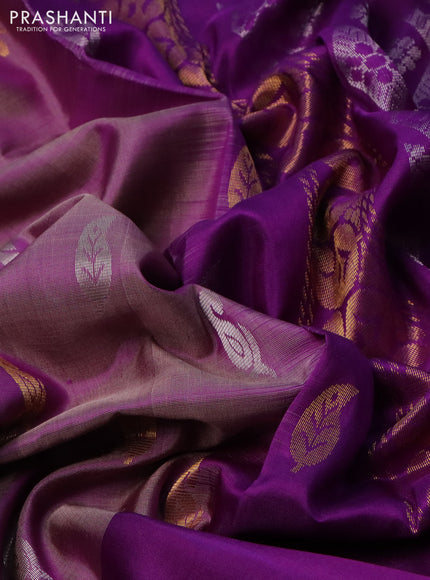 Pure uppada silk saree purple shade and deep purple with silver & gold zari woven buttas and peacock design zari woven border
