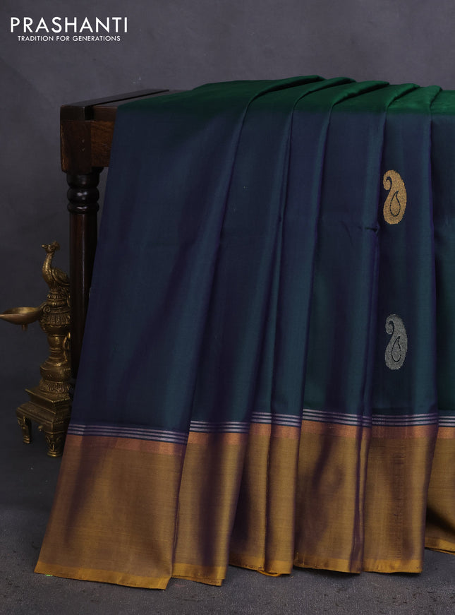 Pure uppada silk saree dual shade of green and mustard yellow with silver & gold zari woven buttas and zari woven simple border