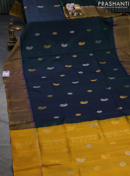 Pure uppada silk saree dual shade of green and mustard yellow with silver & gold zari woven buttas and zari woven simple border