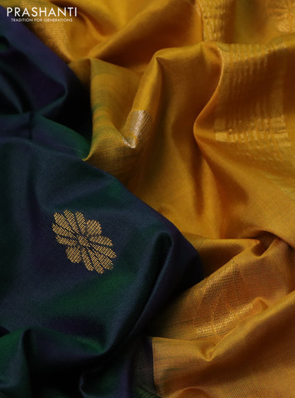Pure uppada silk saree dual shade of green and mustard yellow with silver & gold zari woven buttas and zari woven simple border