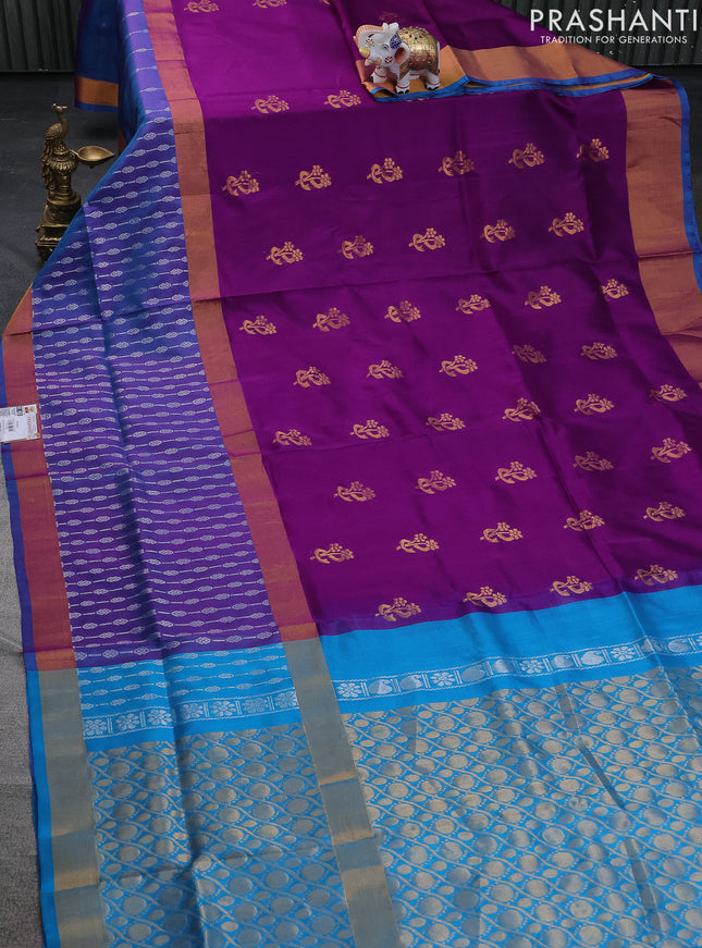 Pure uppada silk saree purple and dual shade of cs blue with zari woven buttas and long zari woven border