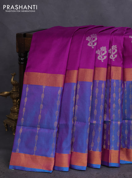Pure uppada silk saree purple and teal blue with silver zari woven buttas and long zari woven border