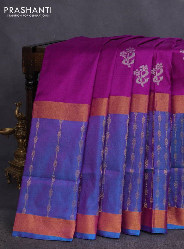 Pure uppada silk saree purple and teal blue with silver zari woven buttas and long zari woven border