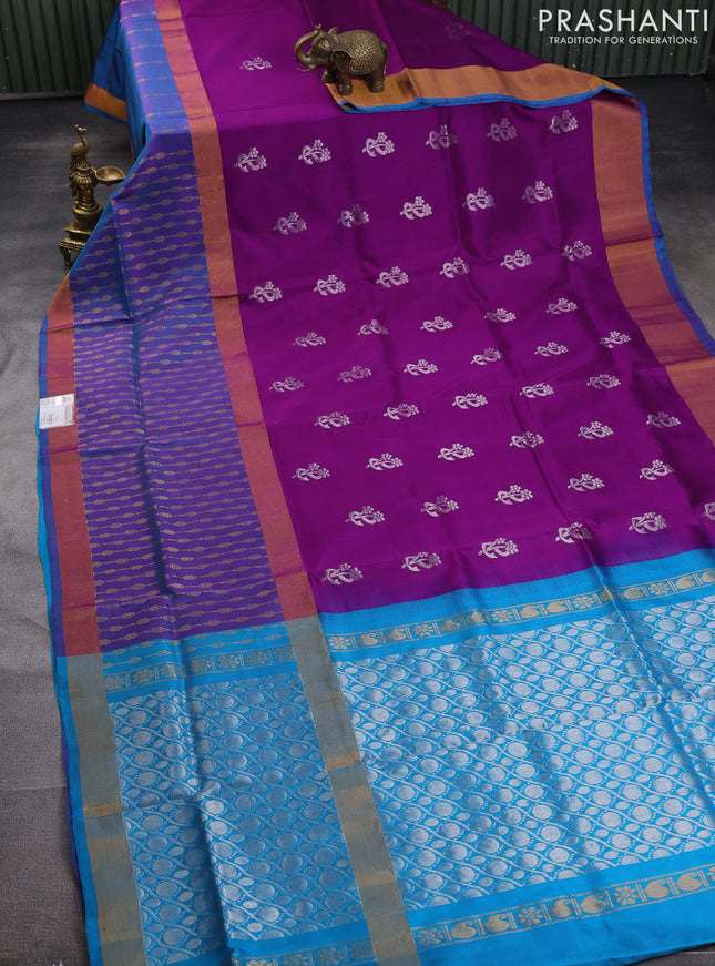 Pure uppada silk saree purple and teal blue with silver zari woven buttas and long zari woven border