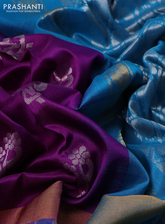 Pure uppada silk saree purple and teal blue with silver zari woven buttas and long zari woven border