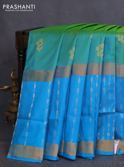 Pure uppada silk saree dual shade of green and cs blue with silver zari woven buttas and long zari woven border