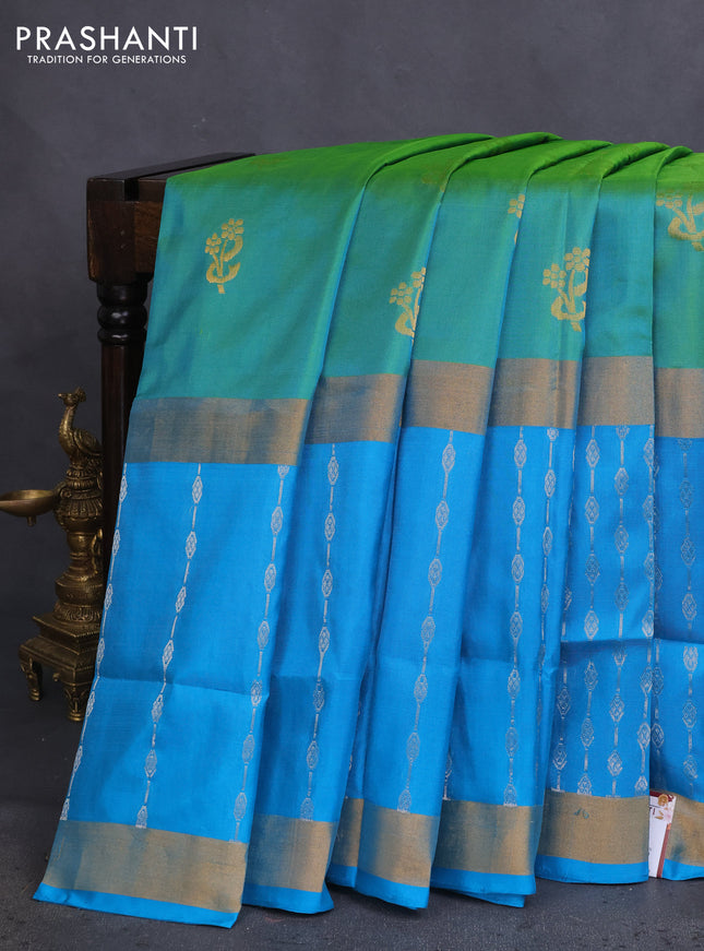 Pure uppada silk saree dual shade of green and cs blue with silver zari woven buttas and long zari woven border