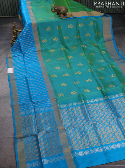 Pure uppada silk saree dual shade of green and cs blue with silver zari woven buttas and long zari woven border