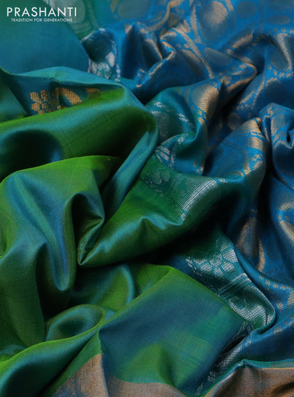 Pure uppada silk saree dual shade of green and cs blue with silver zari woven buttas and long zari woven border