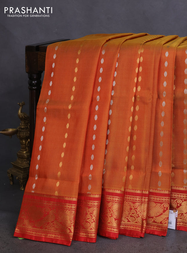 Pure uppada silk saree dual shade of dark mustard and pink red with allover silver & gold zari woven butta weaves and zari woven border